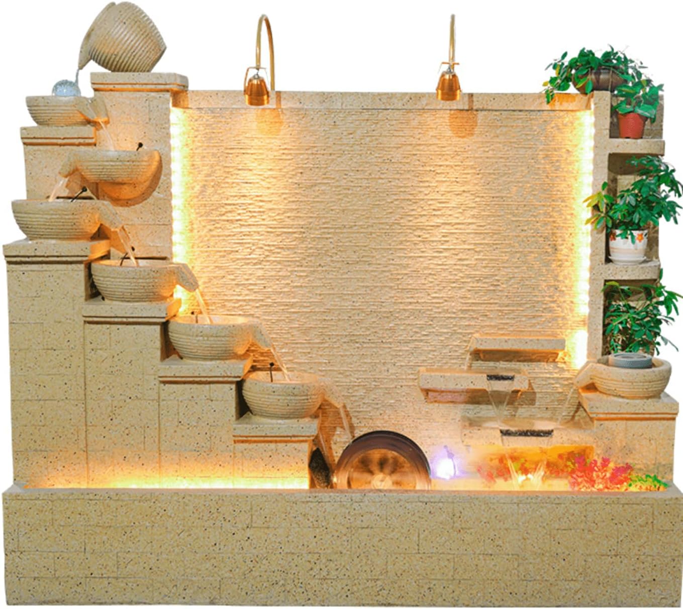 Modern 6.6ft Cement Standing Fountain with Tiered Water Bowl and LED Lighting | Indoor and Outdoor use | Rain and UV Resistant (B)(C)