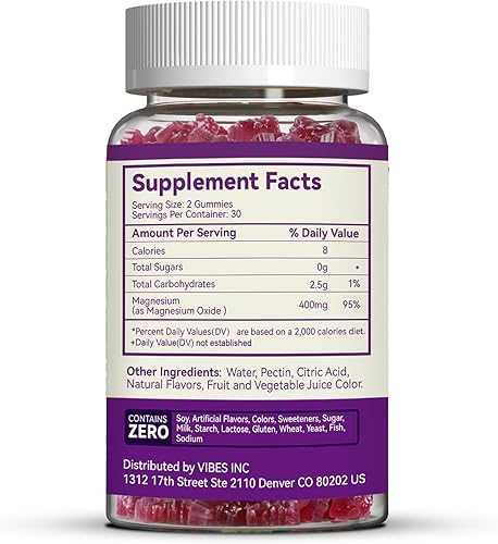 Miniatura 6 de Gomitas de óxido de magnesio de 400 mg, gomitas de magnesio masticables para mujeres y adultos, apoyo nervioso y muscular, sin azúcar, veganas, 60