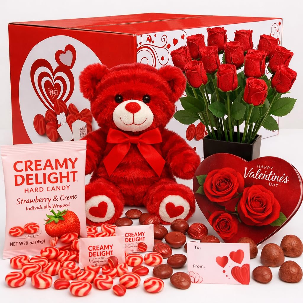 Valentines Day Gift Box with (Red or White) Beaer Belgian Chocolates Roses, Strawberry Creamy Delight Hard Candy and Chocolate Assortment, Romantic Gift for Her or Him - Image 2