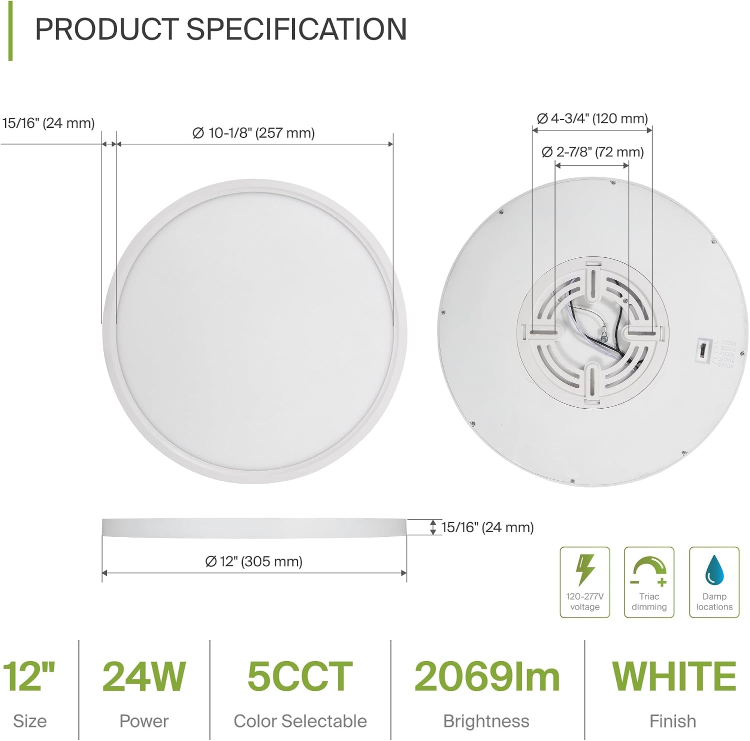 ASD LED 12" Round Flush Mount Ceiling Light Fixture, Low Profile Surface Lighting | 5CCT, Dimmable, Ultra-Thin, ETL Listed | 24W 2000LM 2700-6000K 100-277V | Kitchen, Bedroom, Hallway Lamp | White