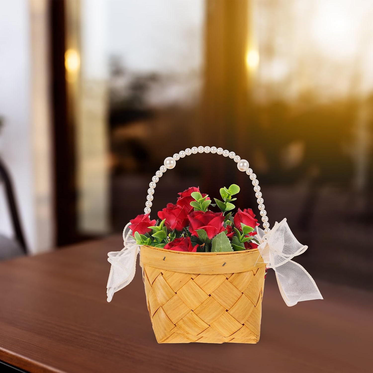 Pearl Handle Flower Basket Rustic Wedding Flower Girl Basket with Handle Accessory for Ceremony Party