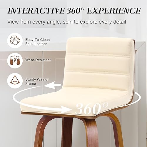 Miniatura 3 de RêveLife Juego de 2 taburetes de bar giratorios de 29 pulgadas con respaldo, tapizados de cuero sintético moderno de mediados de siglo, sillas de