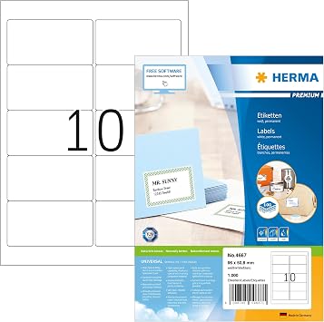 HERMA Self Adhesive Multipurpose Labels, 10 Labels per A4 Sheet, 100 Sheets, 96 x 50.8 mm, 1000 Labels, Blank Universal Labels Stickers, Sticky Labels for Laser & Inkjet Printer, White
