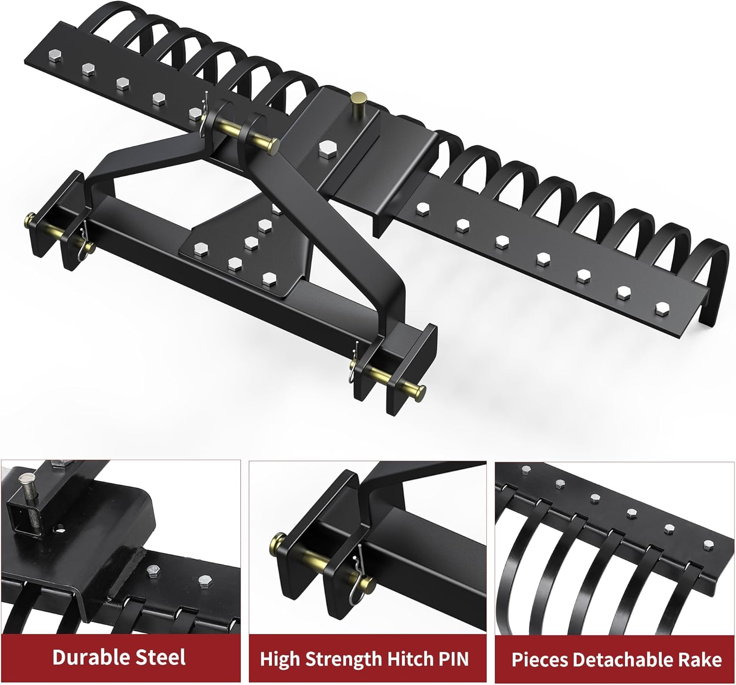 YITAMOTOR 50" Three Point Landscape Rake, Replaceable Spring Steel Tines, Quick Mount, Angle Adjustment Fit for CAT-0 CAT-1, for Clearing Brush, Raking Arenas, Soil Preparation