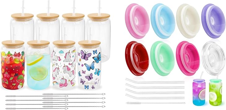 Joyclub Bundle of 8 Pack Sublimation Glass Cups Blanks with Bamboo Lid 16 OZ and 8 Pack Acrylic Lids and Glass Straws