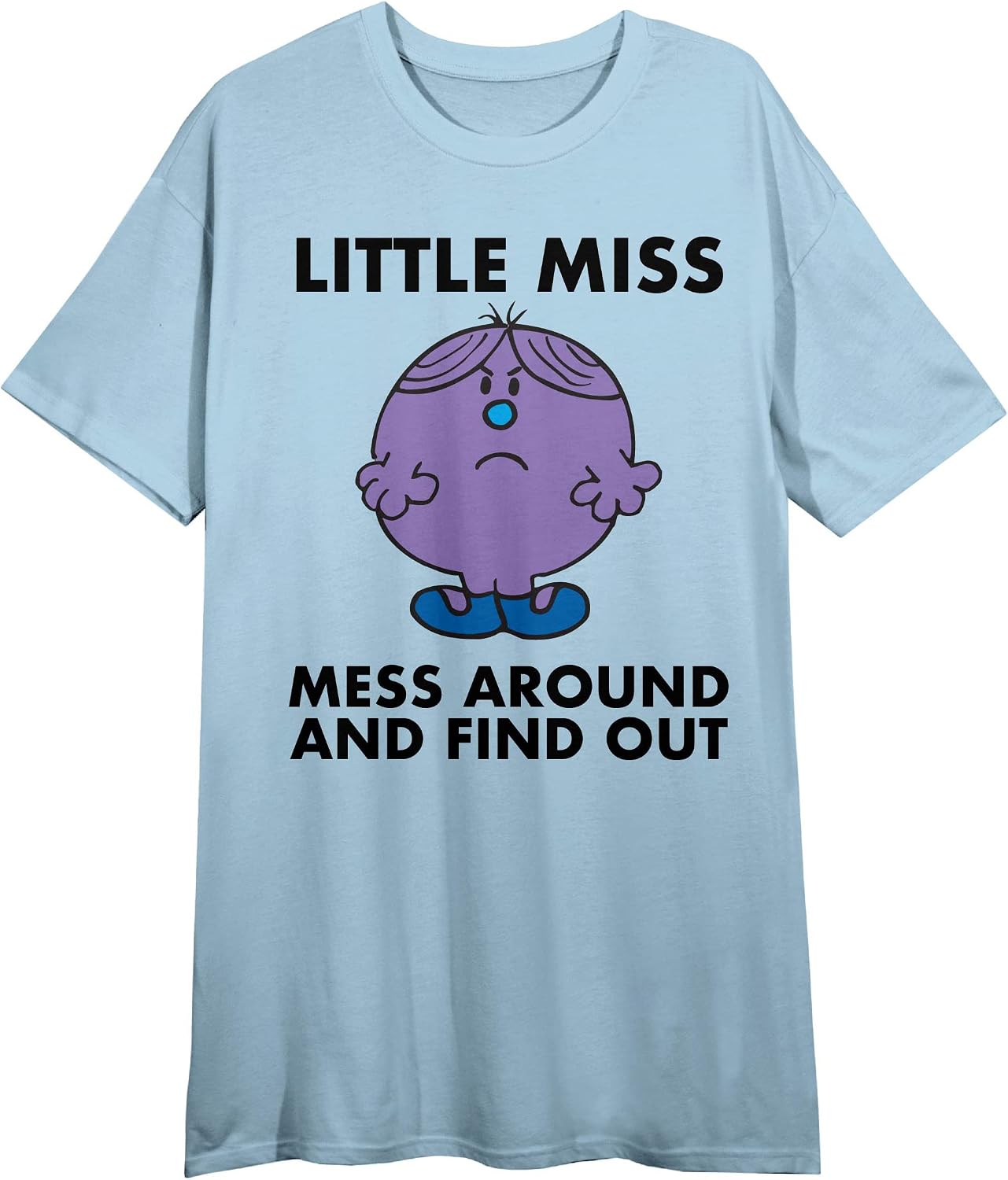 Bioworld Mr. Men And Little Miss Meme Little Miss Mess Around And Find Out Crew Neck Short Sleeve Light Blue Women's Night Shirt