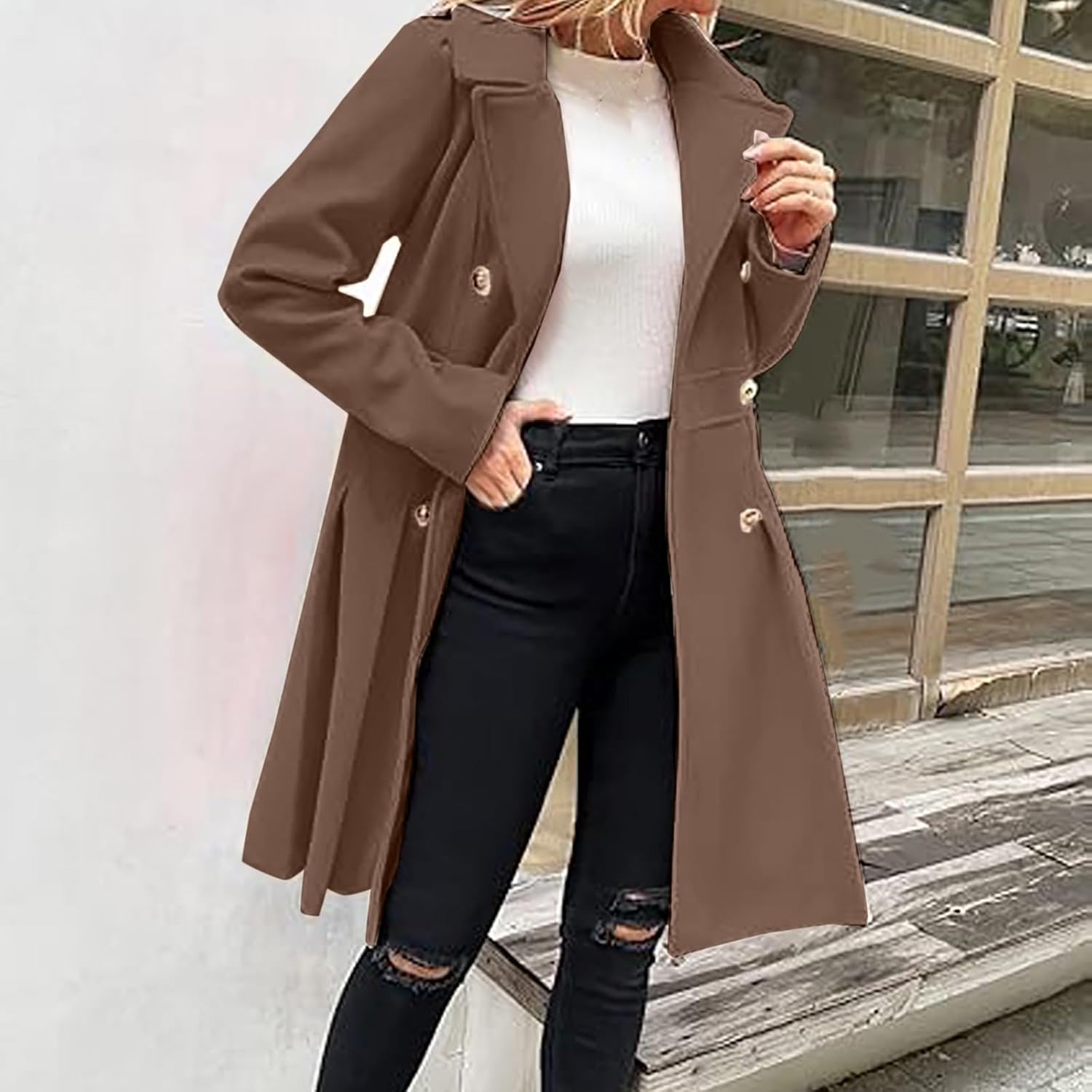 Trench Coat Women Fashion Fleece Pea Coats Notch Lapel Double Breasted A Line Trench Coat Winter Coats with Pockets