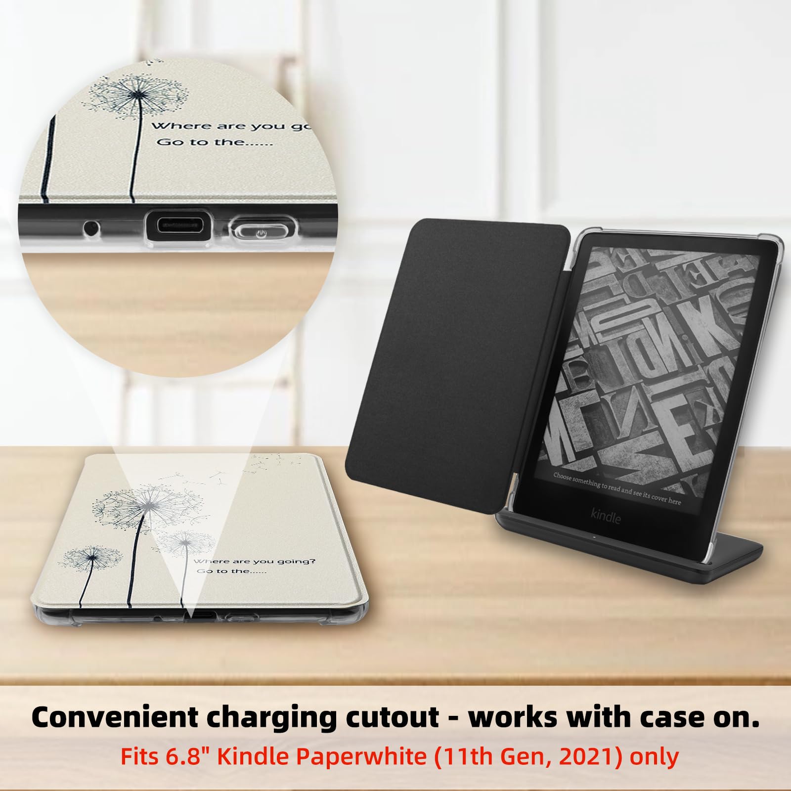 WALNEW Hülle für 6,8" Kindle Paperwhite 11. Generation 2021 & Signature Edition, Transparent Weiche Flexible TPU Rückseite Schutzhülle mit Auto Schlaf/Wach PU-Leder Smart Cover (Löwenzahn)