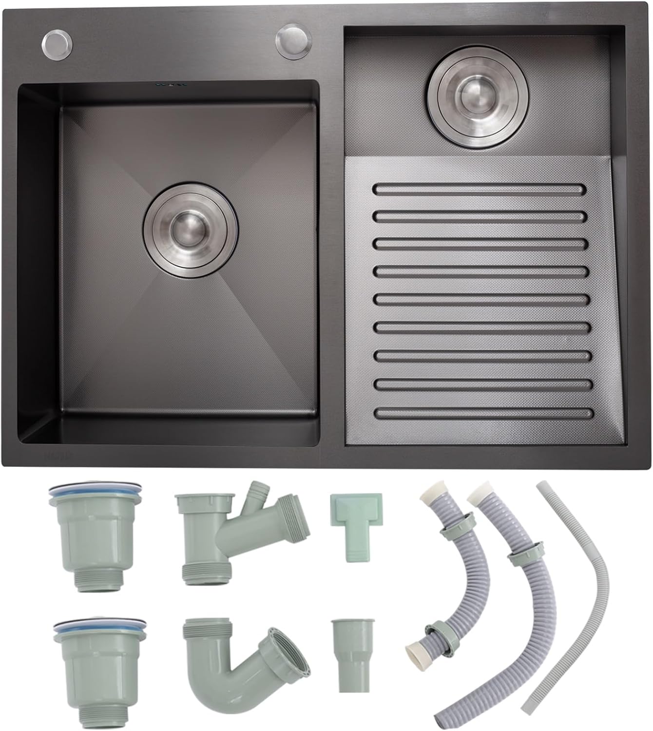 DSMRLEOP Utility Room & Laundry Sink - Durable Black SUS 304 Stainless Steel Wash Basin with Built-In Washboard, Easy-Clean Double Bowl Design for Bathroom, Kitchen, and Balcony - Complete Drain Set I