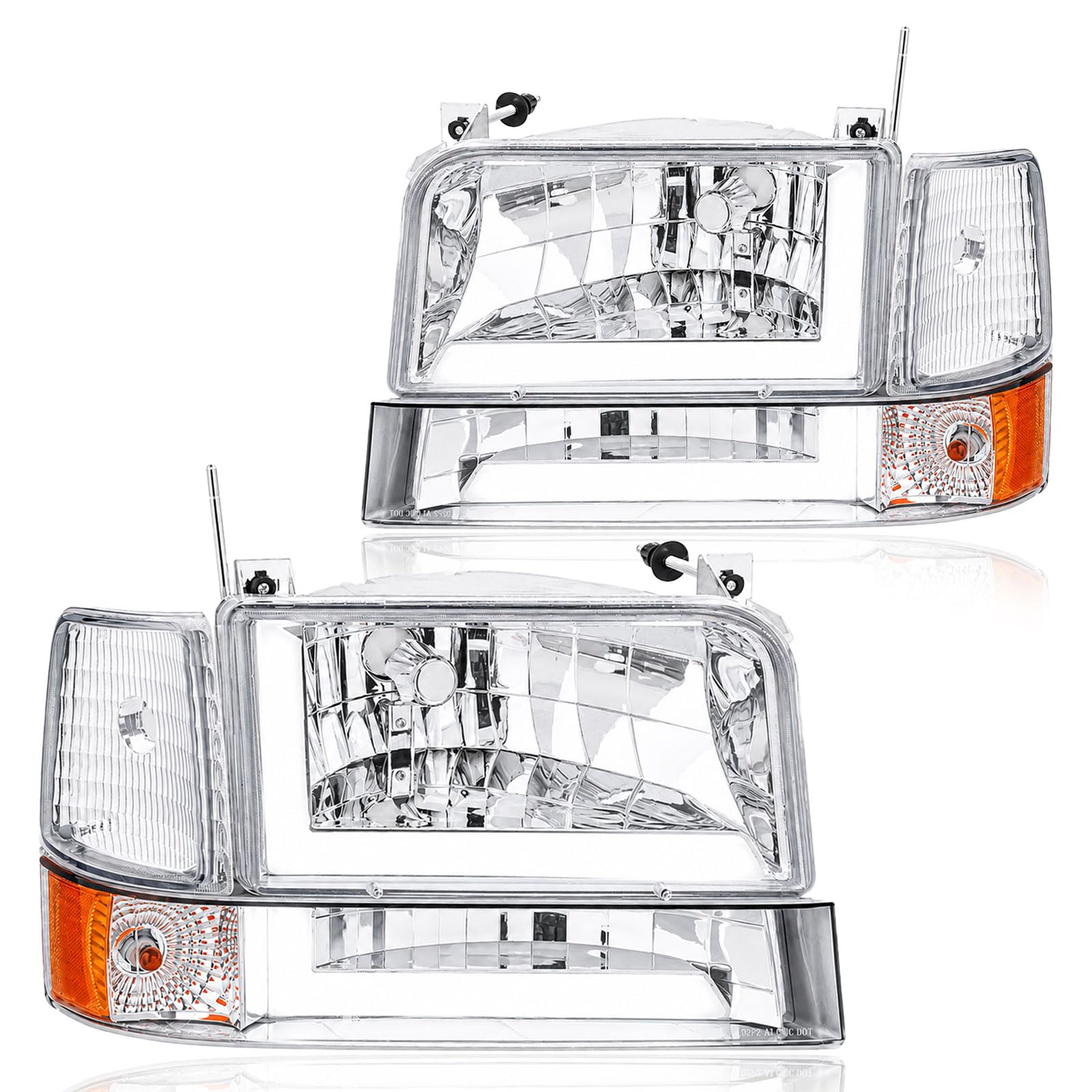 LED DRL Headlight Assembly for 1992 1993 1994 1995 1996 Ford F150 F250 F350/1992-1996 Bronco Driver Left &amp; Passenger Right Side Replacement Chrome Housing Amber Reflector