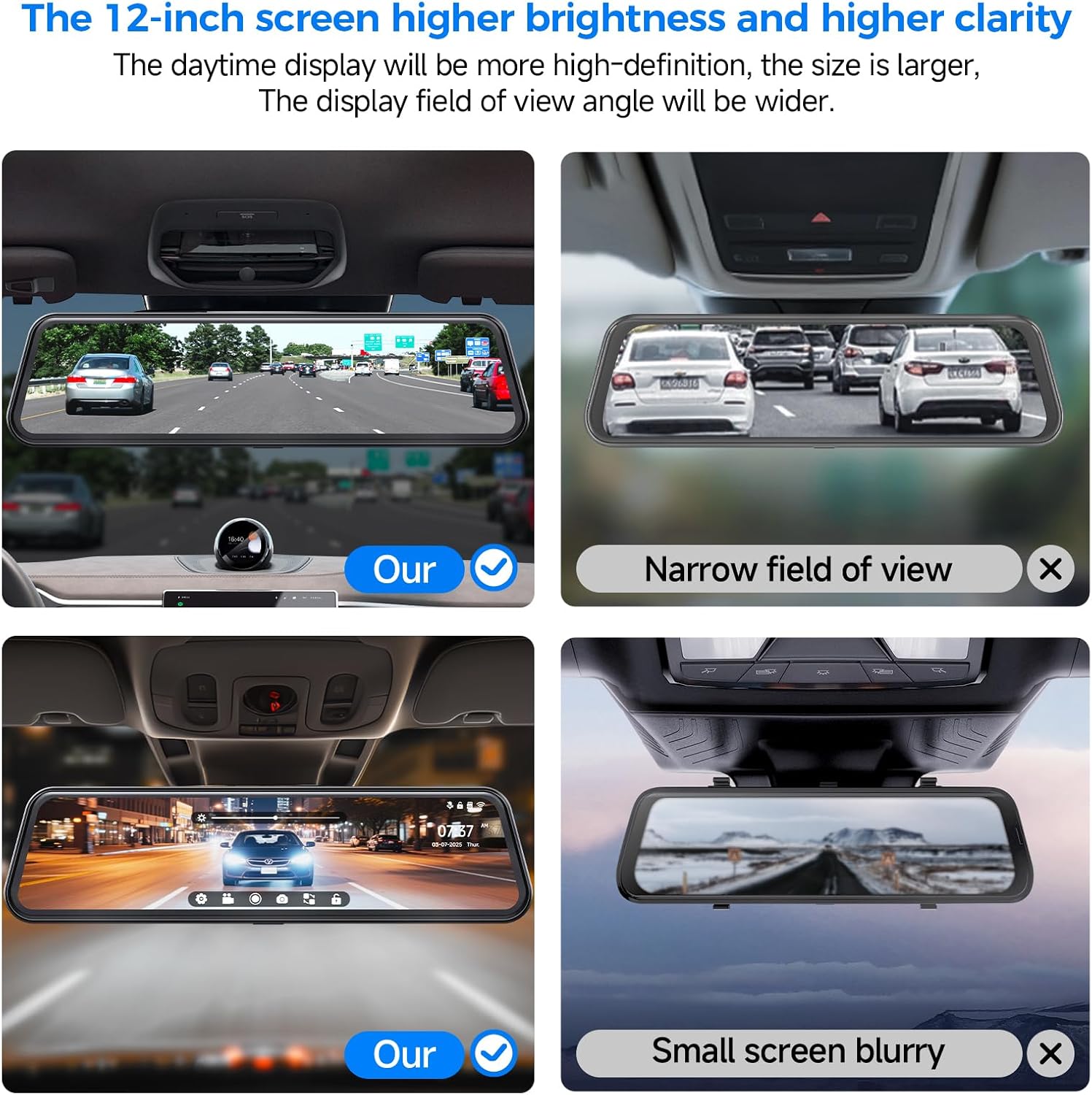 4K Mirror Dash Cam,Rear View Mirror Camera with WiFi,Dash Cam Front and Rear for Car,G-Sensor,7/24H Parking Mode,12" Touch Screen,Includes 64GB Card