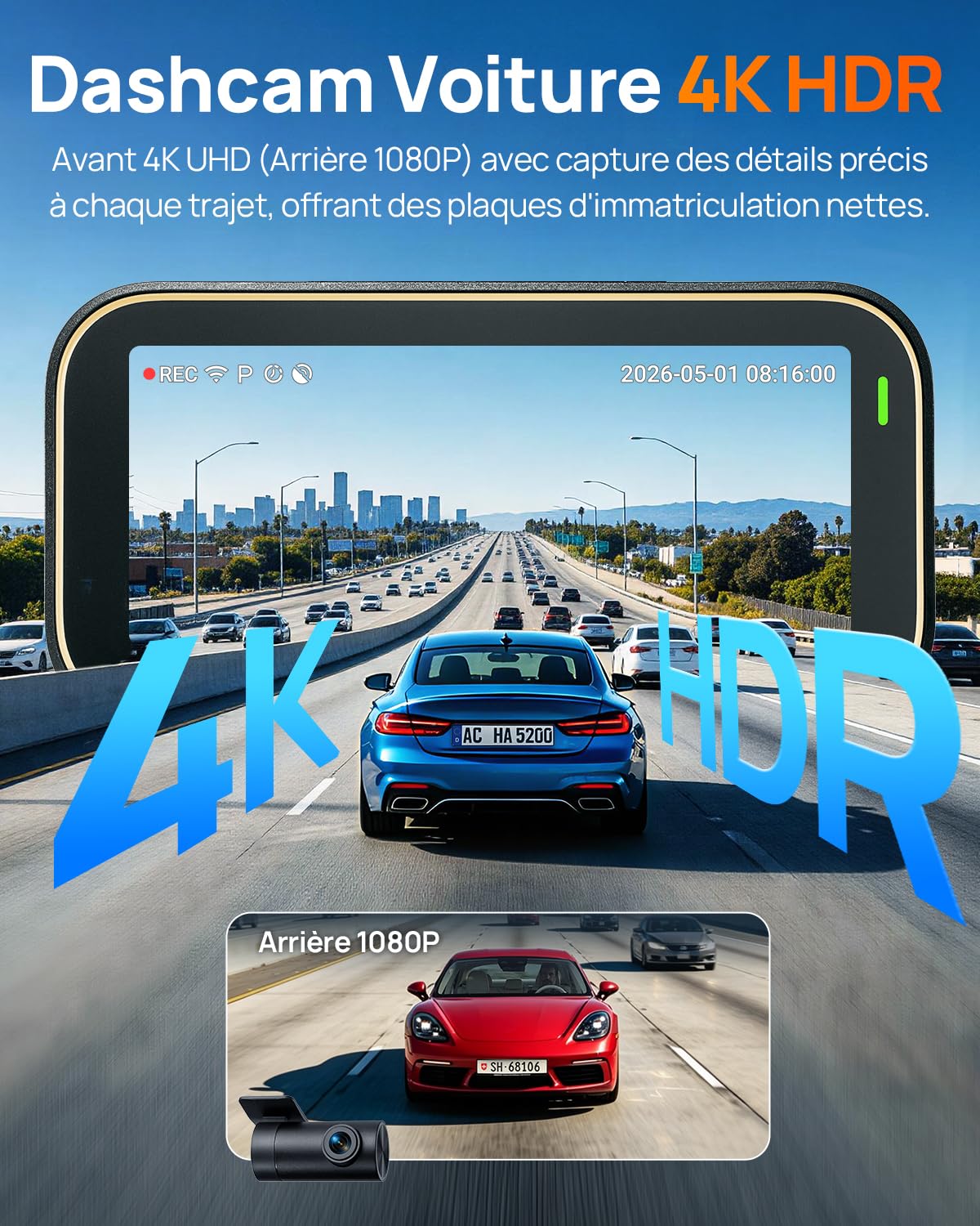 70mai Dashcam Voiture Avant et Arrière A810 Lite , 4K Dash Cam Compatible 4G LTE WiFi 6 5GHz, Vision Nocturne HDR, Mode Stationnement 24H, Suivi GPS, Verrouillage d’Urgence, Enregistrement en Boucle