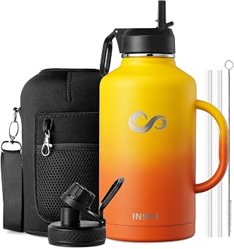 INSPI Half Gallon Water Bottle with Handle, 64oz Insulated Water Bottle with Straw & 2 Lids, Double Wall Stainless Steel Large Jug Travel Flask for School, Hiking & Camping, 100% Leak Proof, Orange
