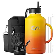 INSPI Half Gallon Water Bottle with Handle, 64oz Insulated Water Bottle with Straw & 2 Lids, Double Wall Stainless Steel Large Jug Travel Flask for School, Hiking & Camping, 100% Leak Proof, Orange
