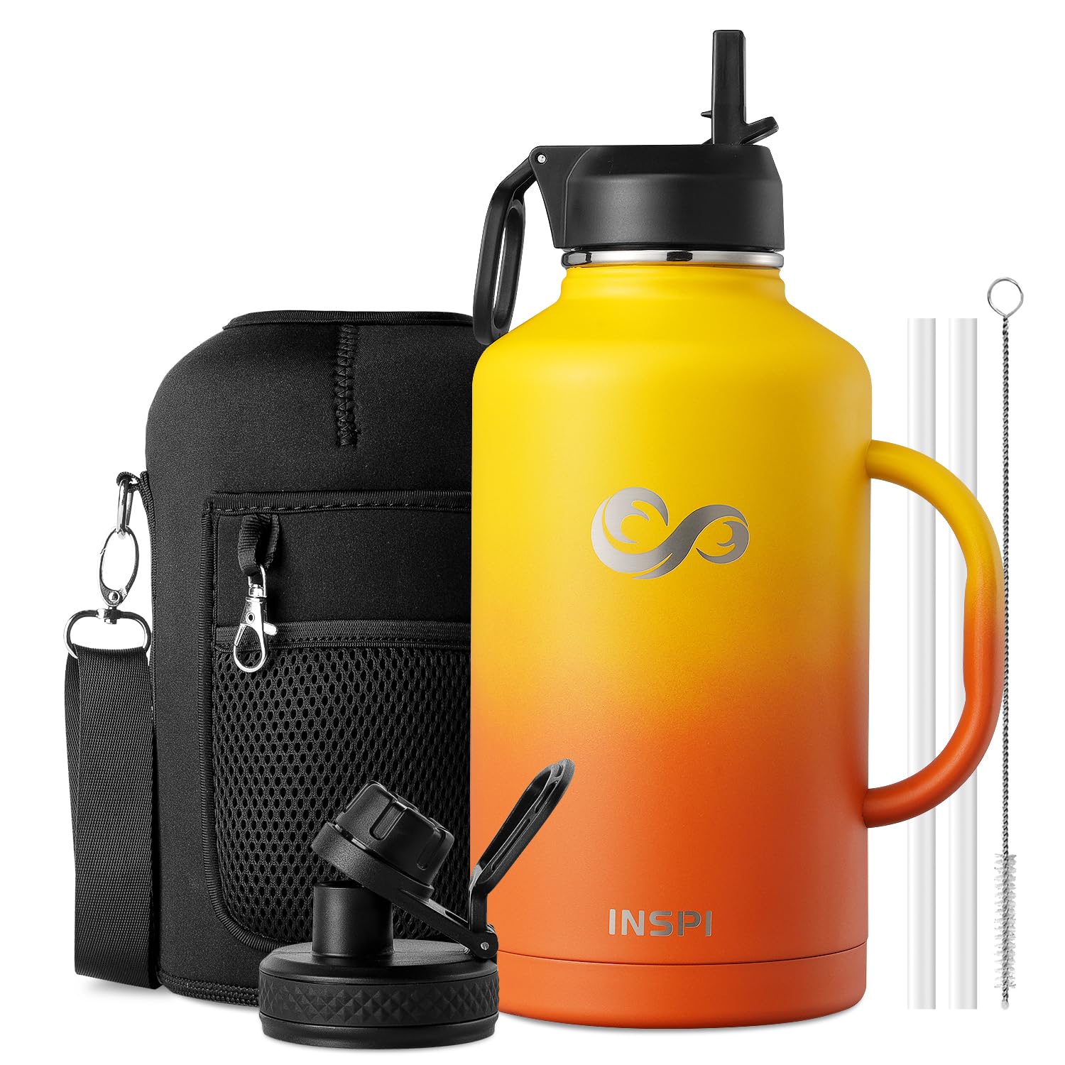 INSPI Half Gallon Water Bottle with Handle, 64oz Insulated Water Bottle with Straw & 2 Lids, Double Wall Stainless Steel Large Jug Travel Flask for School, Hiking & Camping, 100% Leak Proof, Orange