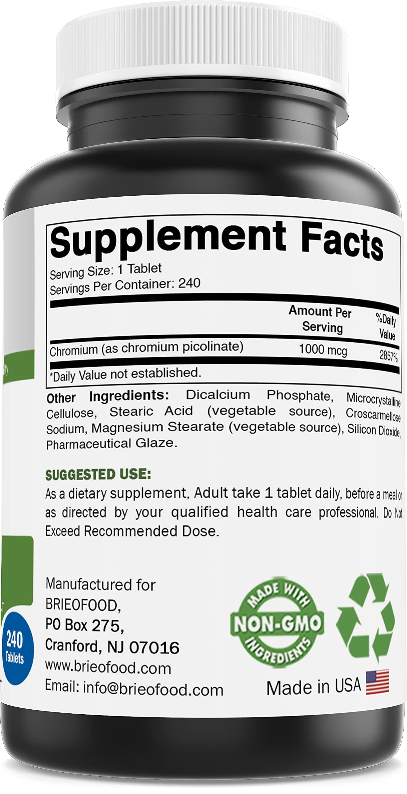 Brieofood Chromium Picolinate 1000 mcg Pills - 240 Tablets - 240 Servings - Non-GMO, Gluten Free — Amazon image 2