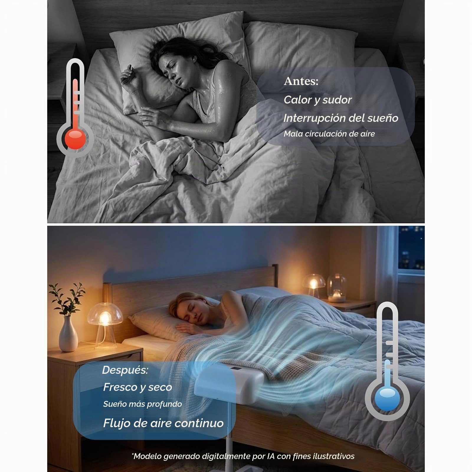 Ventilador De Cama, Circulador De Aire para Debajo De La Sábana, con 5 Velocidades Y Control Remoto, Altura Ajustable, Recargable De 10000 Mah
