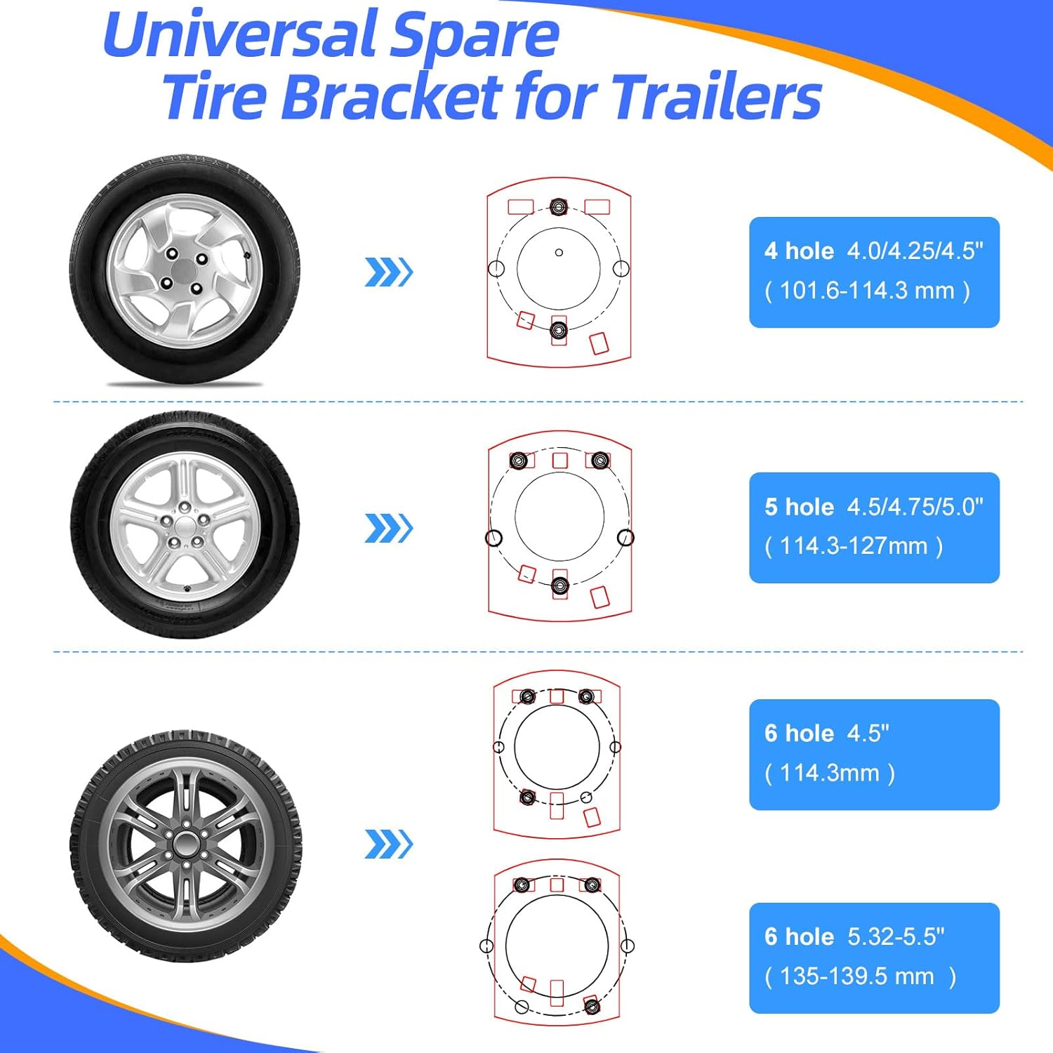 Qualward Spare Tire Mount Bracket for Trailer & Carrier - 300lbs Capacity, Fits 4 & 5 & 6 Lugs Wheels on 4", 4.25", 4.5", 4.75", 5" or 5.5" Bolt Patterns, Triple Anti-Loose Design