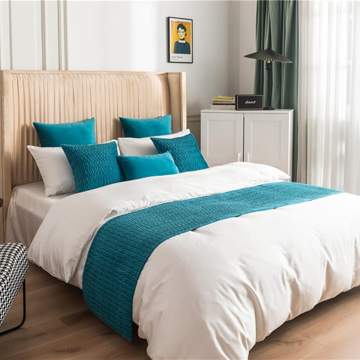 Blue Bed Scarf for Foot of Bed, Velvet Bed Runner Pleated Textured Bedding Cover Throw Both Sides Hotel Bed Mat for Queen/King Size Bed, 45 x 240cm