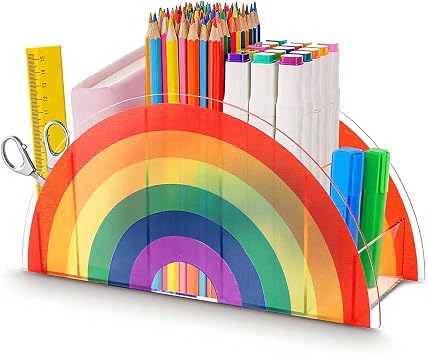 Pen Holder for Desk, Rainbow Pencil Holder, Acrylic Pencil Cup, Teacher Supplies for Rainbow Classroom Decor, Cute Desk Organizer for Kindergarten, Office, Crayon Marker Art Supply Storage