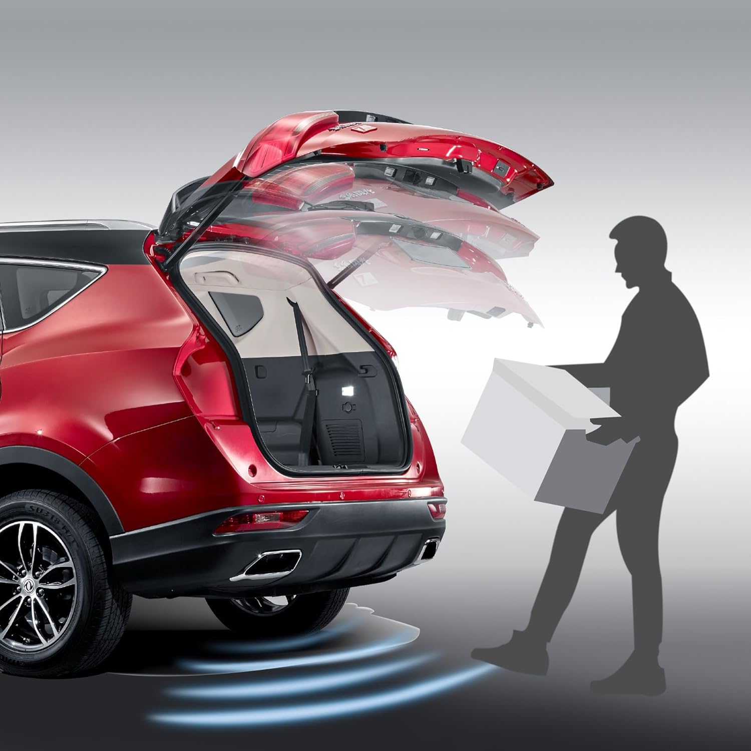 Diagram illustrating the various control methods and features of the electric tailgate system, including remote control, front and rear buttons, height adjustment, intelligent anti-pinch, and foot sensor.