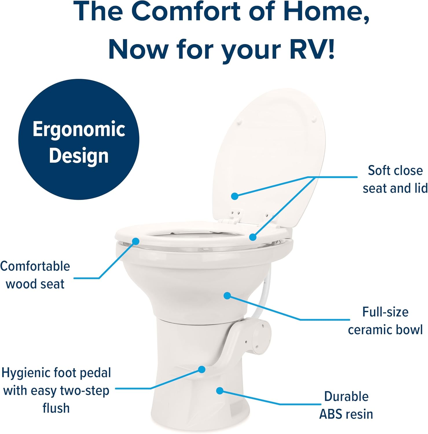 Camco Premium Ceramic Camper/RV Toilet - Features Gravity Flush System w/Convenient Foot Pedal - Full-Sized Ergonomic Design w/18 Chair Height - Soft-Close Wood Seat & Lid - Bone (41715)