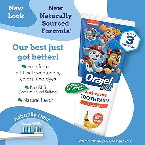 Miniatura 3 de Orajel Pasta de dientes con flúor anticaries para niños, sabor natural a burbujas afrutadas, tubo de 4.2 onzas y pasta de dientes CoComelon sin