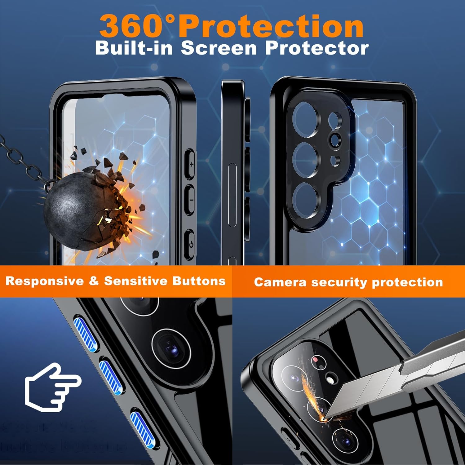 Hualele Galaxy S25 Ultra Case Waterproof, Built in Lens & Screen Protector Rugged Full Body Heavy Duty Protective Shockproof IP68 Underwater Cover for Samsung Galaxy S25 Ultra Black/Clear