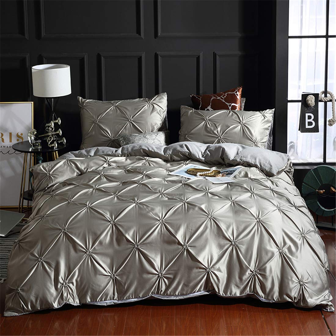 Erosebridal Grey Pinch Pleated Duvet Cover Set Queen Size Silk Like Satin Pintuck Bedding Set with Zipper Ruffle Design Luxury & Microfiber Comforter