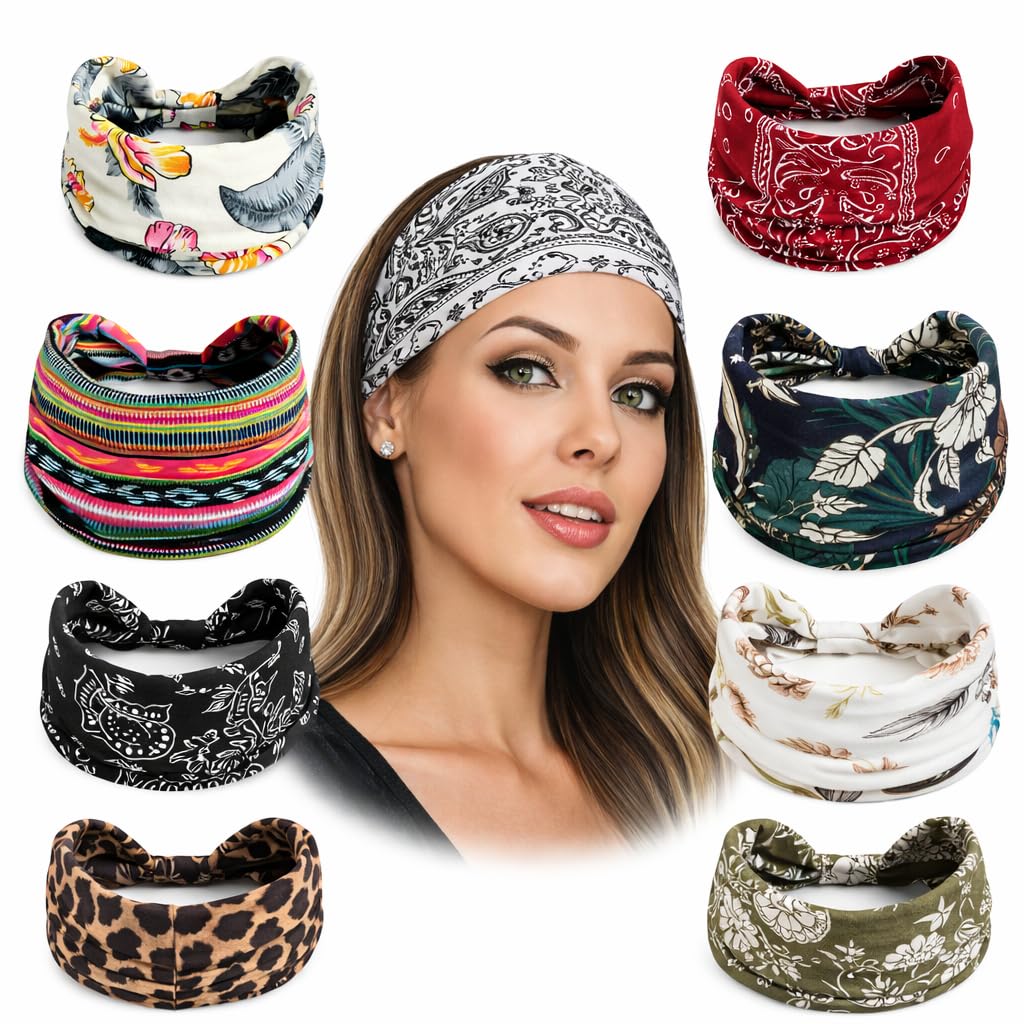 9 PCS Boho Bandana Headbands for Women – Wide Elastic Turban Hair Wraps, Stretch Knotted Yoga Headbands, Assorted Paisley Floral Prints