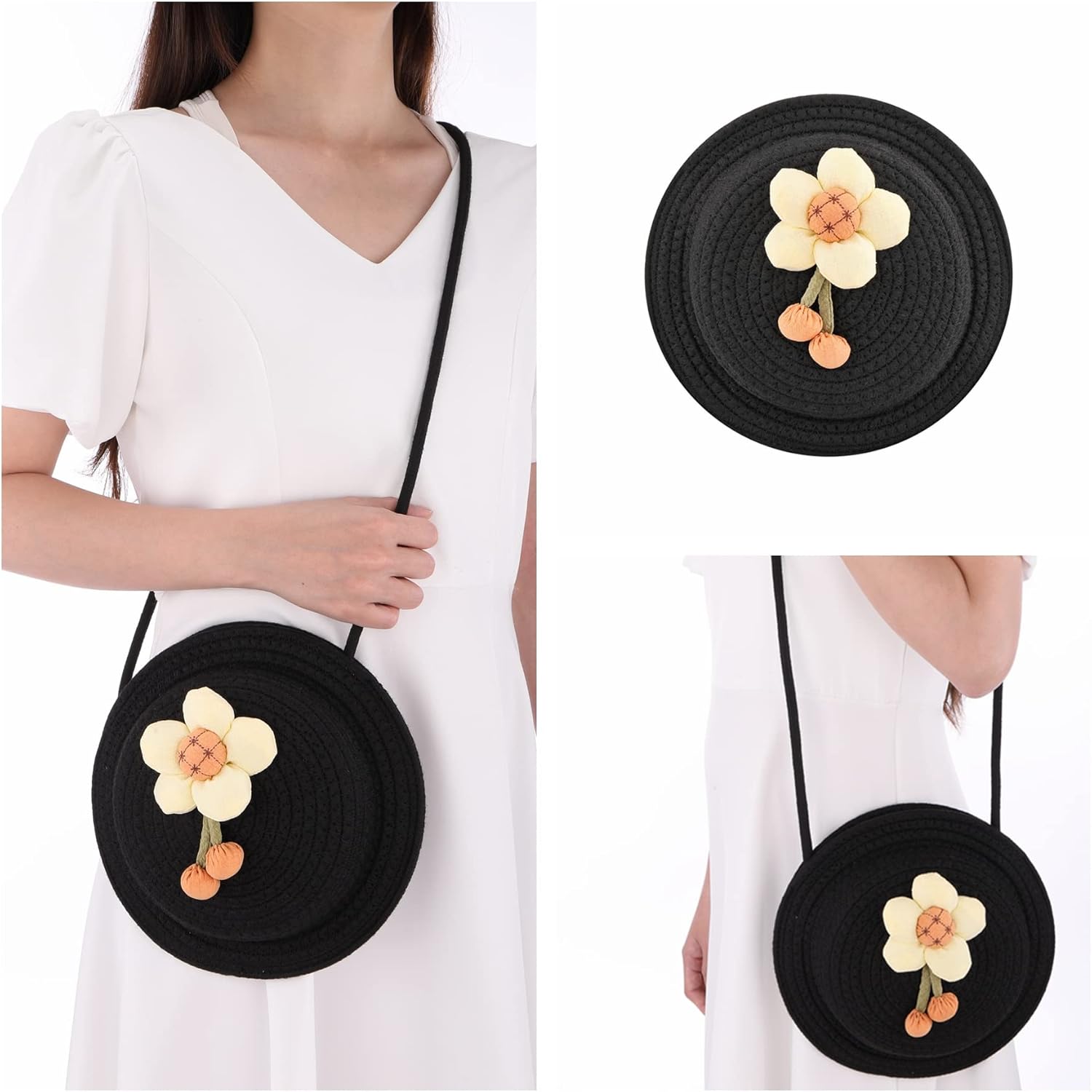 Miniatura 3 de Ayliss Bolso Cossbody para mujer, pequeño tejido a mano, de verano, playa, hombro, algodón, ganchillo, lindo, sombrero, flor