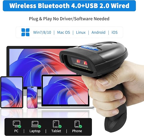 NETUM Bluetooth Barcode Scanner, Compatible with 2.4G Wireless & Bluetooth Function & Wired Connection, Connect Smart Phone, Tablet, PC, CCD Bar Code Reader Work with Windows, Mac,Android (NT-1228BC)