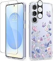 Vista 37 de GVIEWIN Funda protectora para Samsung Galaxy S25, transparente floral, delgada, a prueba de golpes, para mujer, no se pone amarilla, con protector