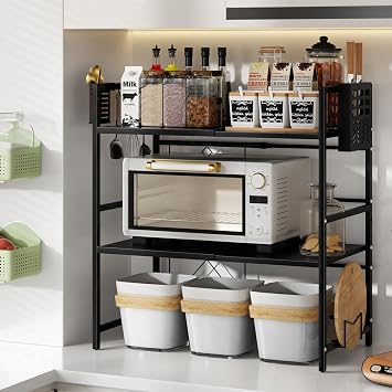 GYMNASTIKA Expandable Microwave Oven Rack, 2 Tier Microwave Stand with Cutter Holder Chopping Board Stand Heavy Duty Storage Shelves Adjustable Galley Large Countertop Organizer for Home Black