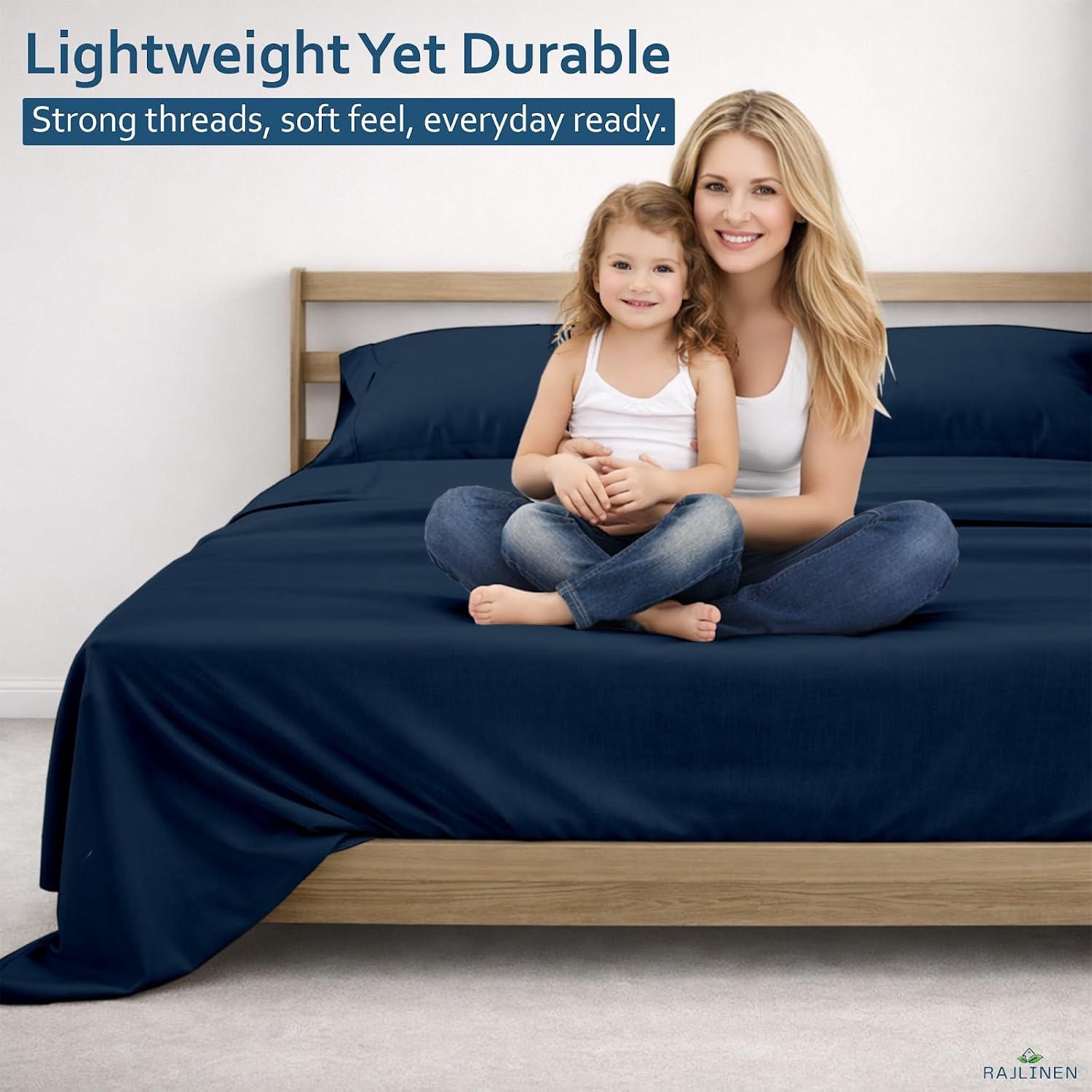 Rajlinen 100% Cotton Full Sheets Set, Cooling & Breathable Bed Sheets, 16 Inch Deep Pocket Fitted Sheet with All-Around Elastic, Soft & Durable Bedding Set, Navy Blue Solid