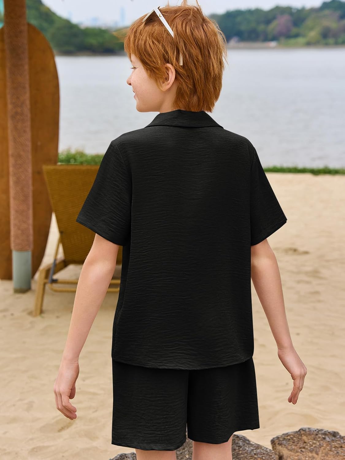 Haloumoning Boys 2 Pieces Summer Outfits Beach Short Sleeve Button Down Shirts and Shorts Vacation Texture Sets for Kids - Image 5