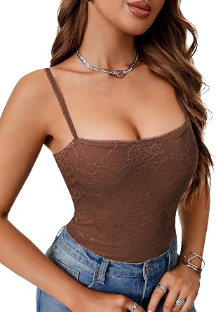 Rooscier Womens Floral Lace Sheer Spaghetti Strap Sleeveless Sexy Going Out Cami Top Shirt