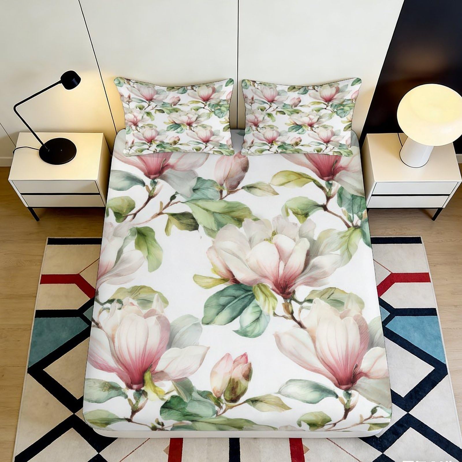 3D Printed Magnolia Blossom Fitted Sheet Microfiber Soft Floral Mattress Cover for Bedroom Dorm Mattress Protection Decor 90x200x25cm