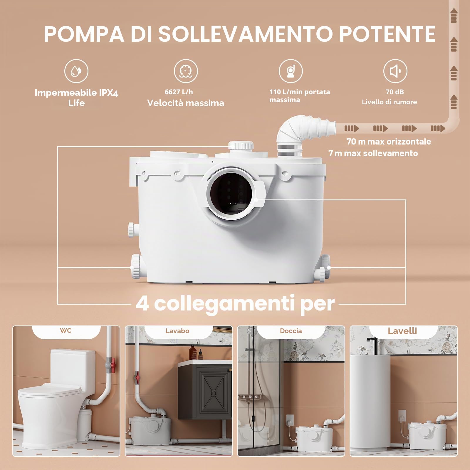 Pompa trituratore per cantina, pompa per WC con motore in rame per sotto la linea 23 piedi/7 m, sistema di lavaggio verticale/orizzontale, 4 ingressi per lavello, doccia/lavandino,500W