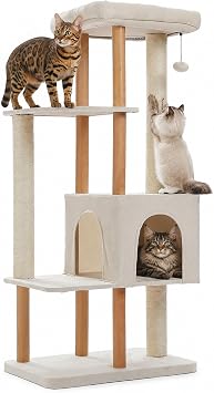 PAWZ Road Large Cat Tree, 53 Inches Modern Wooden Cat Tower for Indoor Large Cats, Multi-Level Cat Condos with Long Scratching Posts and Natural Wood Posts-Beige | 16"x16" perch for multiple cats, heavy duty base&solid wood posts, large condo for maine coon&adult cats