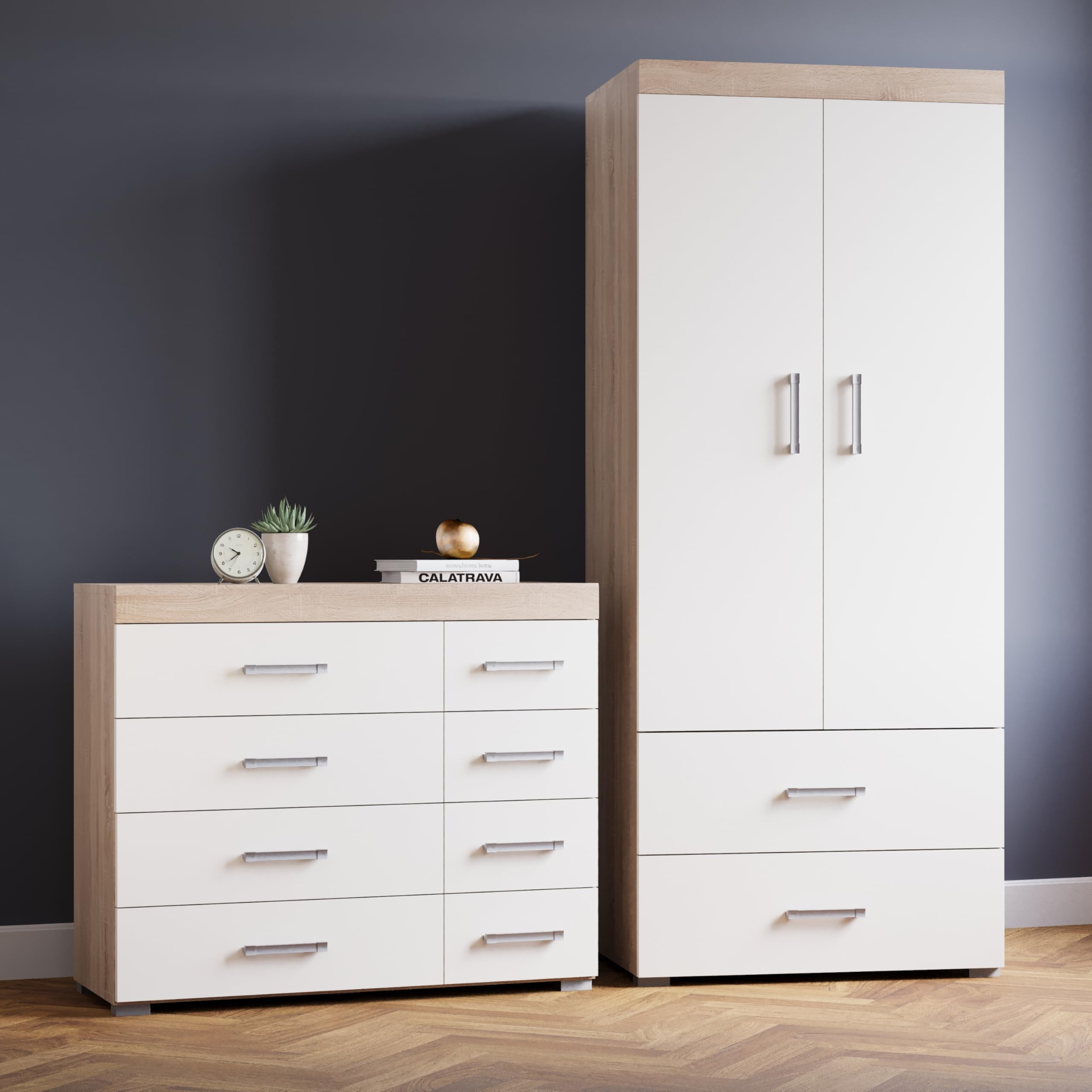 White & Sonoma Oak 2 Piece Bedroom Furniture Set, 4+4 Drawers Chest, 2 Door Wardrobe, Ample Storage, Elegant Décor, Ideal for Bedroom Organisation, Quality Bedroom Set…