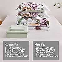 Vista 7 de Luxudecor Juego de edredón floral tamaño King de 7 piezas, cama de flores verdes en una bolsa, elegante edredón floral con juego de sábanas, juego