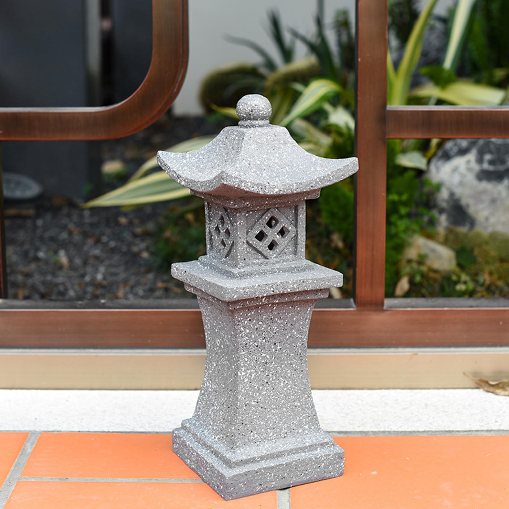Pastoralist Resin Asian Zen Garden Pagoda Lantern, 17.3'' Tall, Solar Powered, Waterproof, Grey