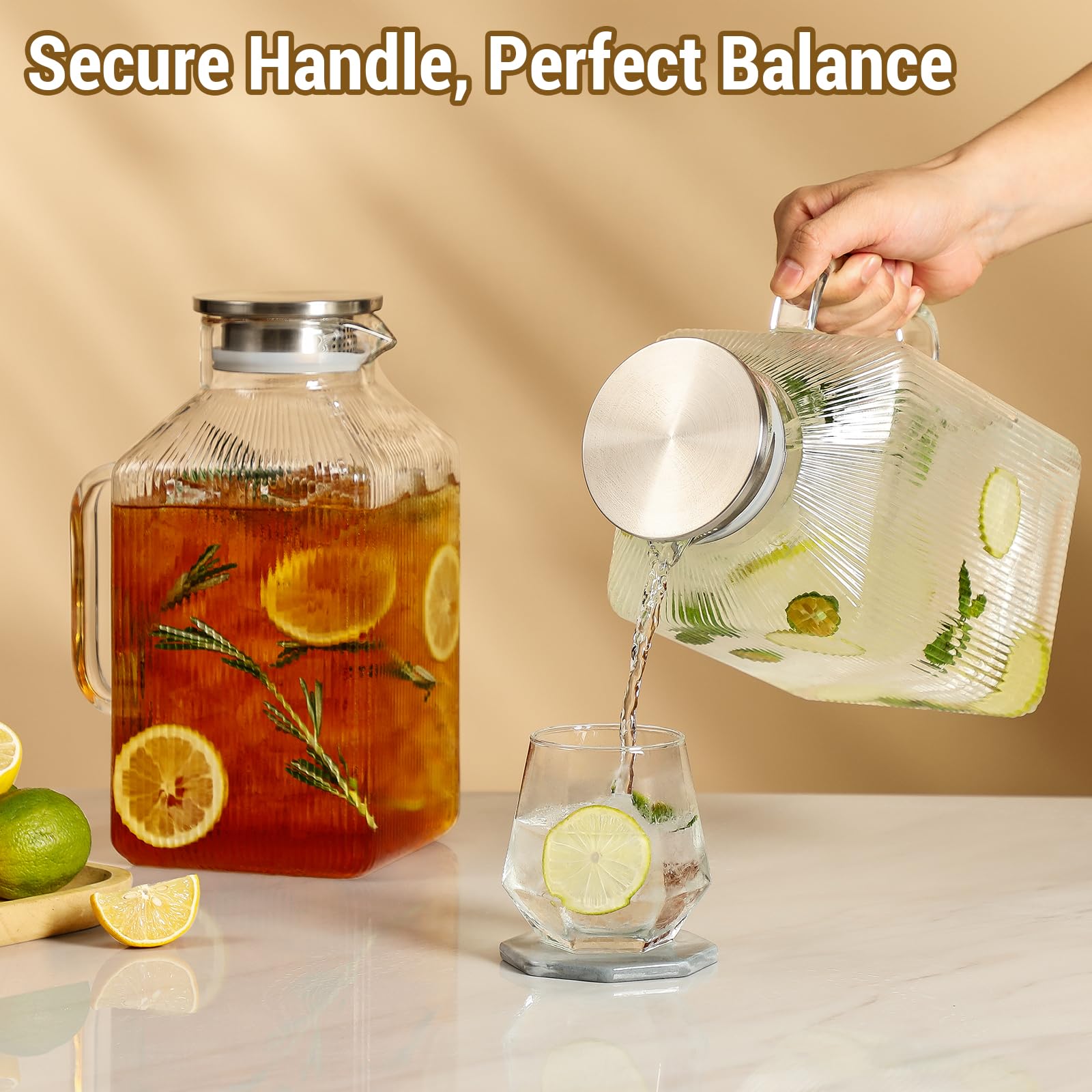 Paquete de 2 jarras cuadradas de vidrio grueso de 1 galón con tapa, jarras de agua de rayas clásicas para refrigerador, jarra de vidrio de borosilicato para bebidas calientes y frías, jarra