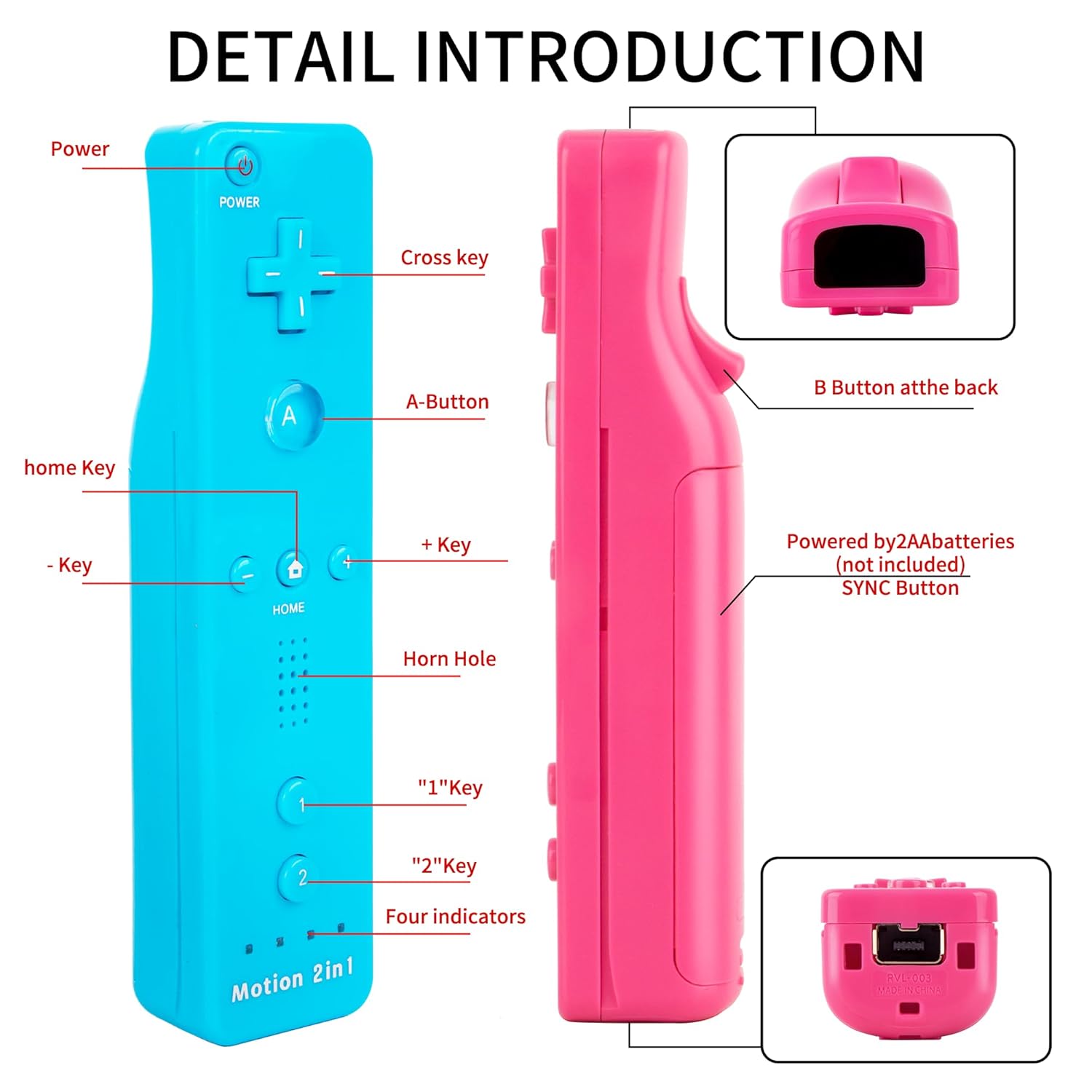 PaveRovi 2Pack Motion Plus Wii Controllers with Nunchucks,Wii Remote Controllers with Built in Motion Plus Compatible for Wii/Wii U Consoles(Pink+Light Blue)