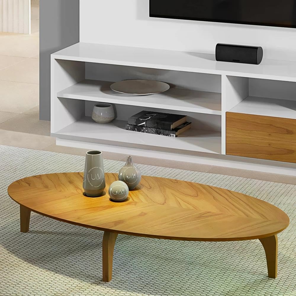 Mesa de Centro Oval Orgânico Laminada 100x45cm Canada Casa Uai Madeira Mel
