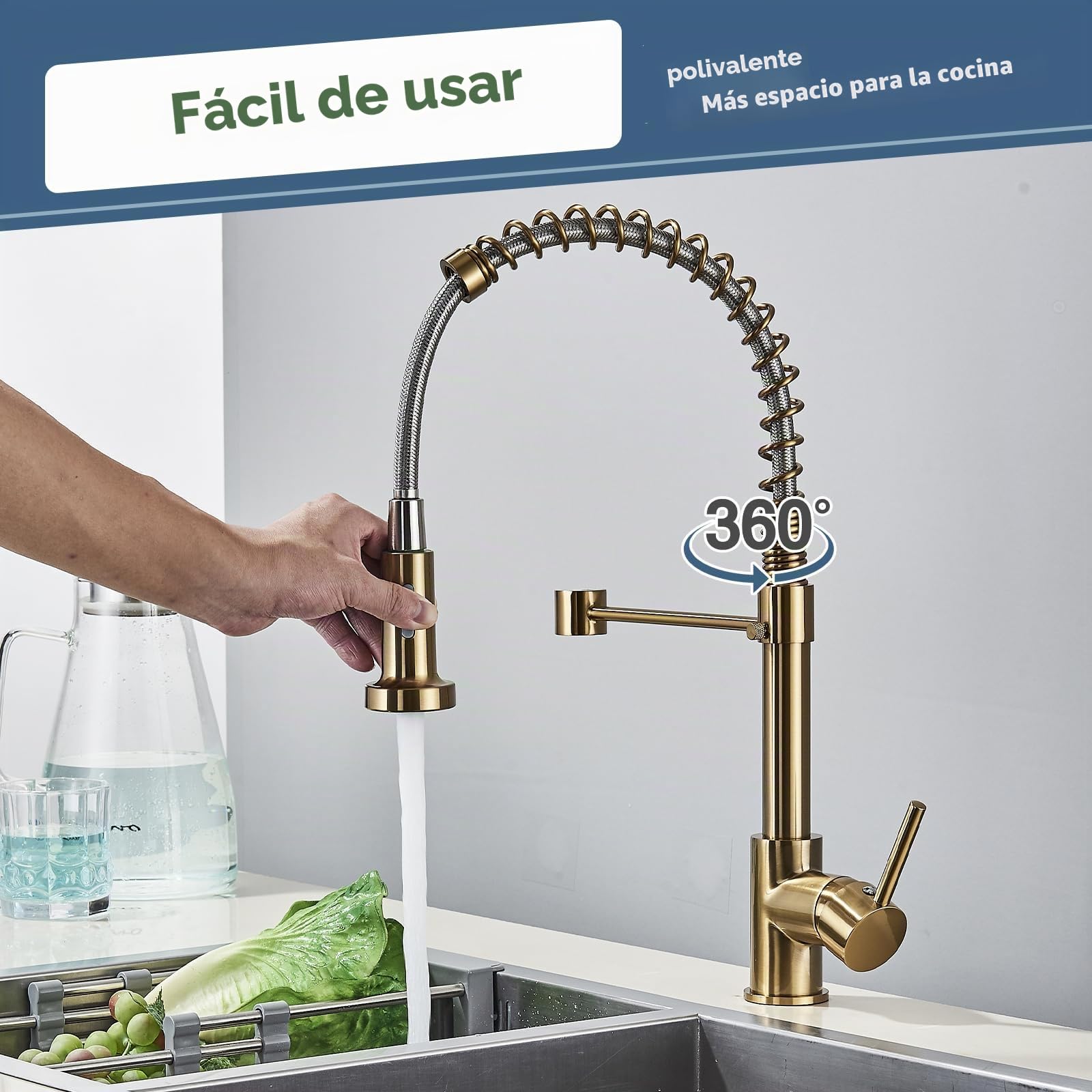 JUNSHENG Mezclador de cocina con alcachofa extraíble, mezclador de cocina giratorio 360°, monomando, acero inoxidable, dorado cepillado