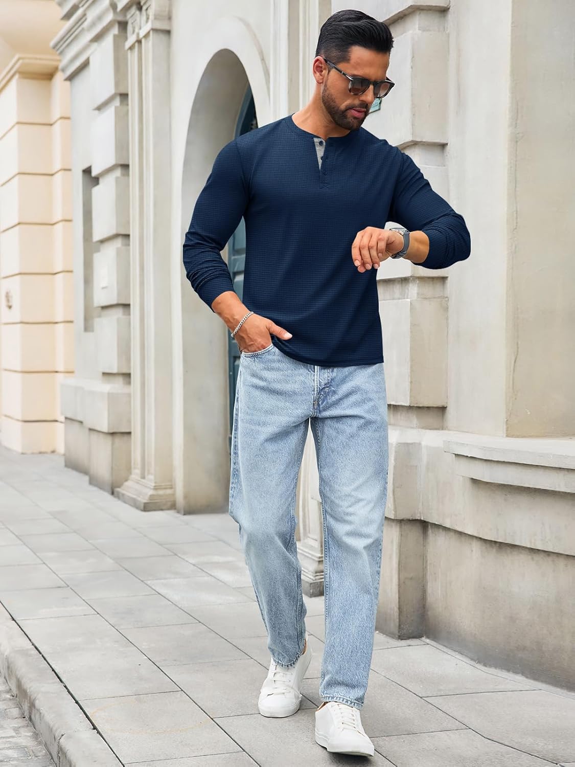 Runcati Mens Henley Long Sleeve Shirts Waffle Button Casual Basic Lightweight Tops - Image 4