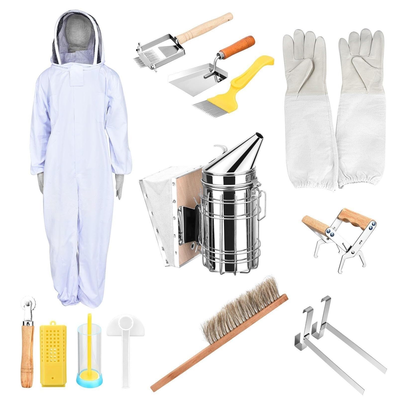 Kit de colmena, kit de herramientas de suministros de apicultura de 13 piezas, kit de herramientas profesional for principiantes de apicultura con abrigo grande, herramientas de colmena de rancho agrí