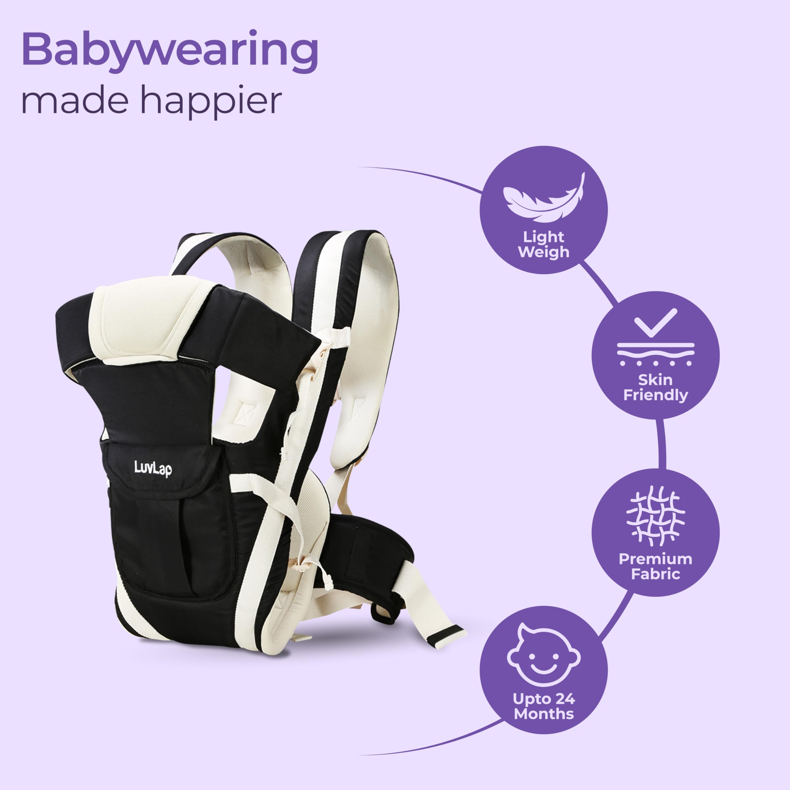 LuvLap Elegant Baby Carrier with 4 carry positions, lightweight & travel friendly, 4-24Month baby, Adjustable New-born to Toddler Carrier with cushioned leg support, Max weight 15Kg (Black) 3